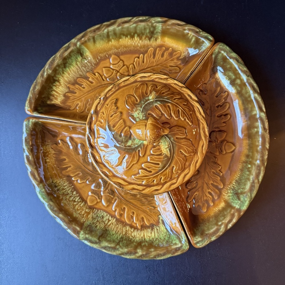 Vintage Calif USA 269 Oak Leaf Acorn Lazy Susan Relish Tray Drip Glaze MCM